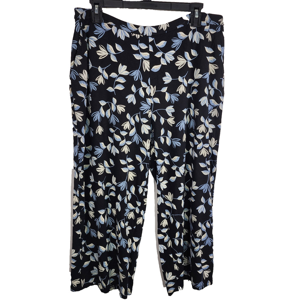 J Jill Wearever Women Pants Full Leg Crop LP Black Blue Floral Leaf Knit Pull On
